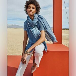 Eileen Fisher Blue Short-Sleeve Sweater with Striped Scarf